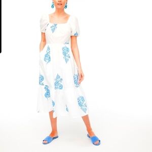 J. Crew White 100% Cotton Midi Dress with Blue Floral Design, Short Sleeves